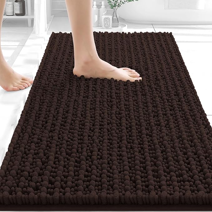 OLANLY Bathroom Rugs 34x21, Thick Soft Absorbent Chenille Bath Rugs | Brown, Shaggy Bath Mat with Quick-Drying Rubber Backing, Machine Washable for Floor, Tub and Shower, Home Decor Accessories
