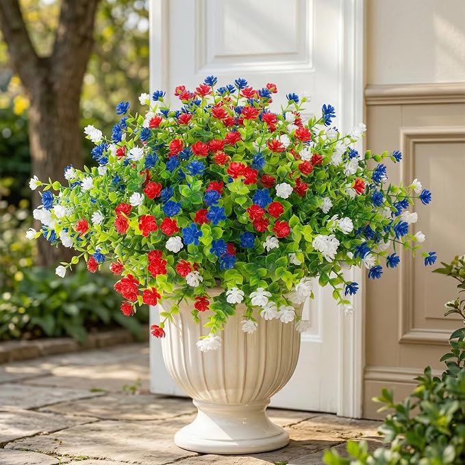 Hananona 48 Pcs Artificial Flowers Outdoor, Faux Artificial Plants UV Resistant Plastic Patriotic Flower Bulk for 4th of July Hanging Planter Porch Window Home Summer Decor (48, Red, White, Blue)