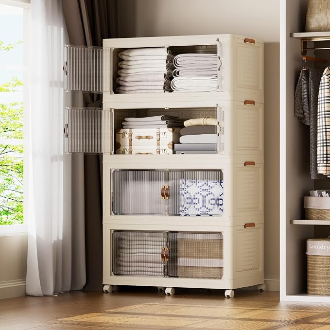 SAILUN 760Qt Stackable Storage Bins,Storage Cabinet with a Lid,4 Pack Cream | Stackable Storage Drawers with Lids,33.5" W x 19" D x 69" H,Featuring open-front Access for Clothes and Closet Storage