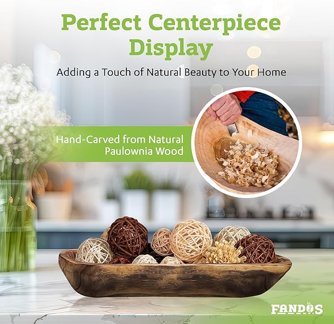 FANDOS Wooden Dough Bowl for Decor - 17¾ in Long Hand Carved Paulownia, Large Rustic Decorative Bowl for Home Table Centerpiece, Keys, Entryway Table, Catchall Tray & Wooden Dining Room Centerpiece
