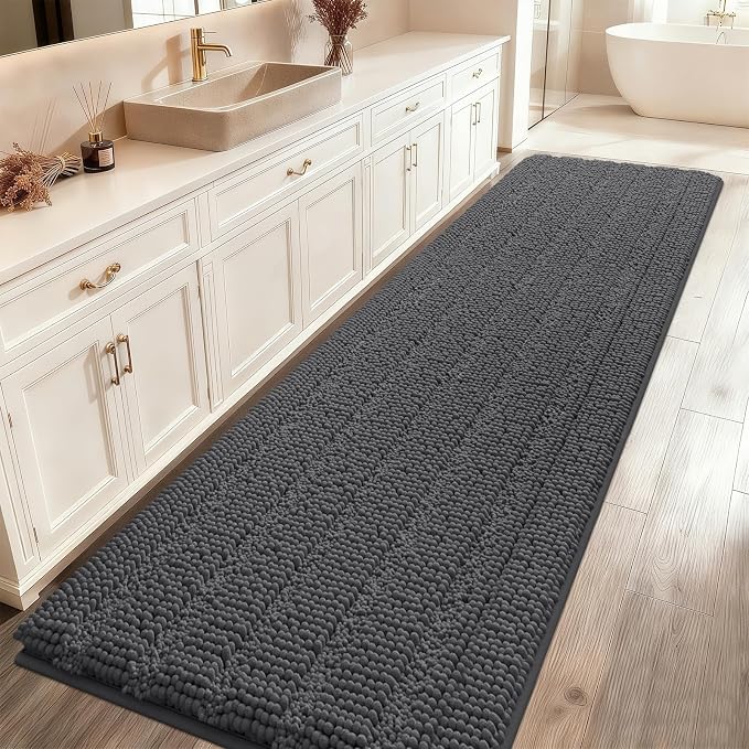 Extra Long Striped Grey Bathroom Rug Mat 70"x24" Ultra Soft, Non Slip Chenille Bath Rugs, Absorbent Plush Shaggy Bath Mats for Bathroom, Bedroom, Kitchen, Shower, Tub,Dark Gray, Charcoal