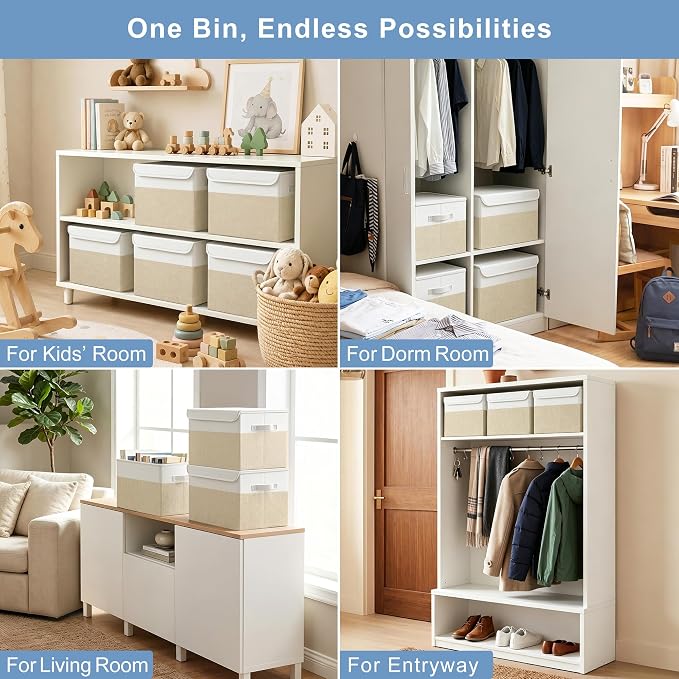Large 22 Quart Linen Fabric Foldable Storage Bin Cube Organizer Basket with Flip-Top Lid & Handles, Clothes Blanket Box for Home, Office, Closet, Beige & White, 4 Pack 14.6 x 9.5 x 9.5”