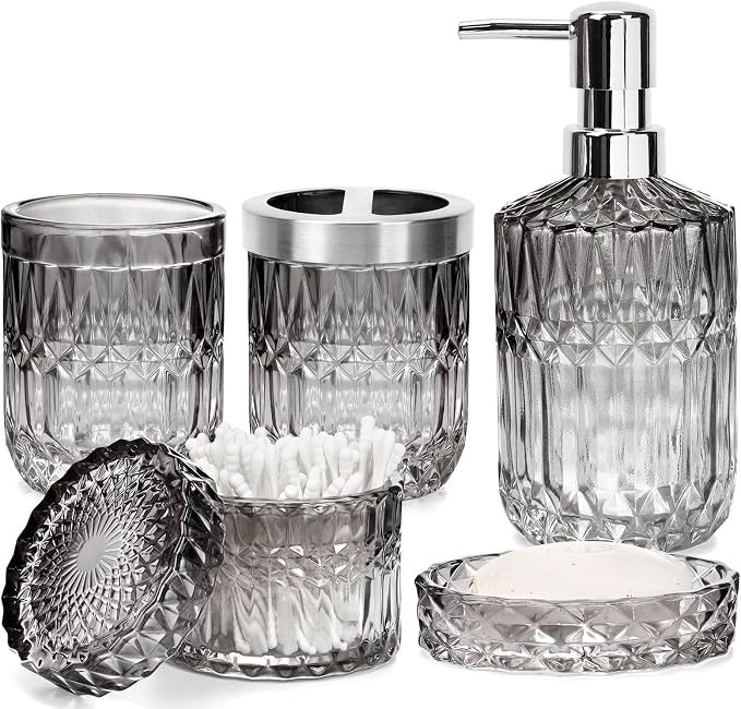 Bathroom Clear Glass Accessories Set, 5Pcs Bathroom Soap Dispenser Set, Glass Bathroom Accessories with Glass Soap Dispenser, Soap Dish, Toothbrush Holder, Tumbler, Cotton Swab Jar (Black & Clear)