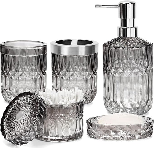 Bathroom Clear Glass Accessories Set, 5Pcs Bathroom Soap Dispenser Set, Glass Bathroom Accessories with Glass Soap Dispenser, Soap Dish, Toothbrush Holder, Tumbler, Cotton Swab Jar (Black & Clear)