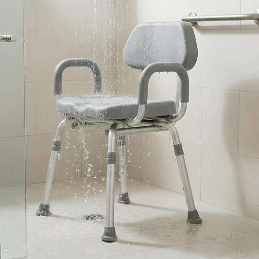 Platinum Health Padded Shower and Bath Chair with Armrests and Back, Comfortable for Inside Shower and Bathtub for Elderly and Seniors Safety, Adjustable Height, Institutional Quality, Aluminum, Gray