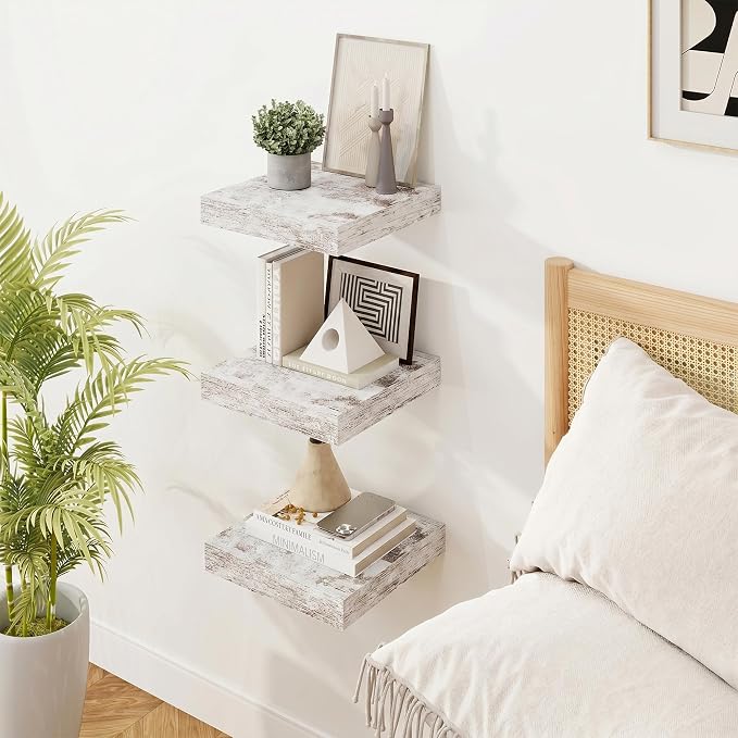 Marsmiles 8in Depth Floating Shelves, 8x8x1.4, Vintage White, Set of 3 | Small Wall Mounted Square Shelves, Engineered Wood, Invisible Brackets, Living Room, Bedroom, Bathroom, Kitchen Decor