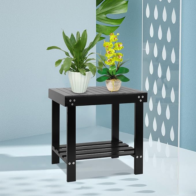VaeFae Bamboo Spa Bench Seat Stool Foot Rest Shaving Stool with Non-Slip Feets Storage Shelf for Shampoo Towel,Works in Bathroom/Living Room/Bedroom/Garden Leisure (Black)