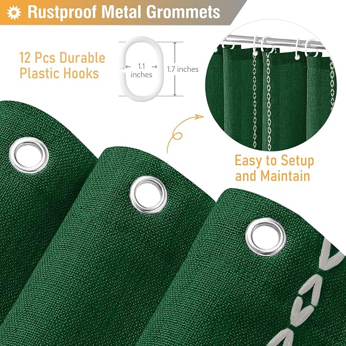 Emerald Green Boho Farmhouse Linen Heavy Duty Shower Curtain, 72x72 | 330GSM Linen Blend, Water Repellent, Vintage Striped Fabric, 12 Plastic Hooks, Rustic Country, Machine Washable, for Bathroom