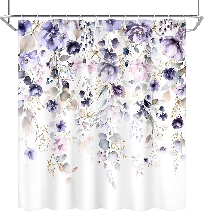 Purple Floral Girls Girly Boho Watercolor Bathroom Shower Curtain Set | 72"W x 72"L Flower Wildflower design with waterproof HD artwork, quick-dry fabric and hooks for easy hanging.