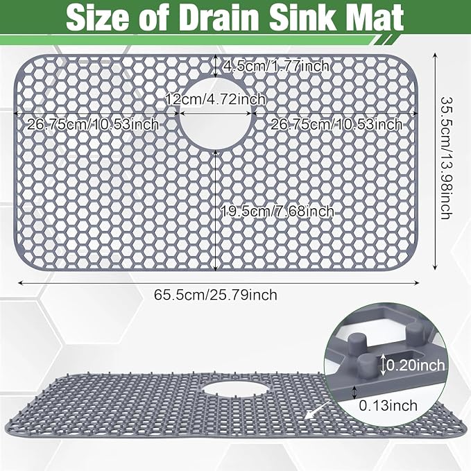 Sink Protectors Mat - 25.79"x13.98" Kitchen Sink Pad for Bottom of Basin for Protection of Stainless Steel and Tableware, Farmhouse Rubber Basin Mat Protector with Rear Drain - Light Gray