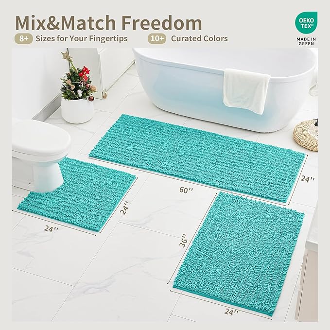 Bathroom Rugs Non Slip Washable 70x24, Extra Thick Soft Chenille Absorbent Bath Mat, High Density Barrier Non Slip Backing, Quick Dry Plush Shaggy Floor Carpet for Tub&Shower, TealBlue