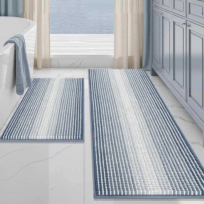Bathroom Rugs and Mats Sets, 2 Piece Thick Absorbent Chenille Bath Mat Rug Set Non Slip, Soft Shaggy Bath Room Floor Mats for Bathroom, Machine Washable (Fog Blue, 20" x 60" Plus 20" x 32")