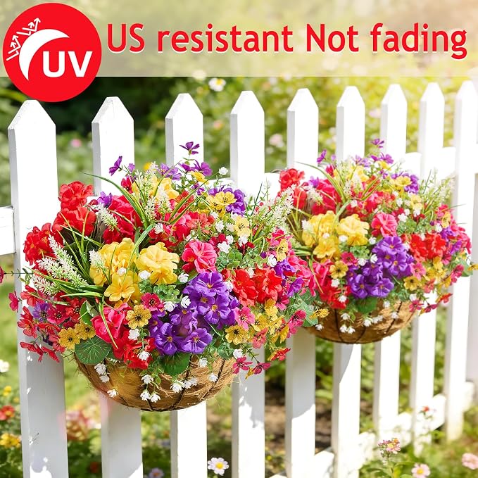 16 Bundles UV Resistant Silk Artificial Outdoor Flowers for Window Box | Mixed Color Realistic Anti-Fade Faux Flowers for Outside Planters,Garden,Porch,Patio,Yard,Home Decor(Purple&Hot Pink)