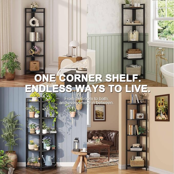 Rustic Tall Corner Shelf, 5 Tier Industrial Corner Bookshelf for Living Room, Dark Wood and Metal Corner Plant Stand for Balcony (Black)