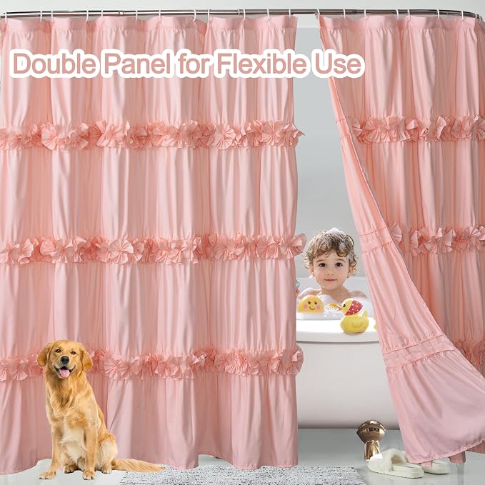 2-Piece Peach Shower Curtain, 72" W x 72" H x 2 Panels | Soft Fabric Double Panels for Easy Access, Cozy Brushed Texture, Ruffle Design, Everyday Bathroom Décor (LQ-44)