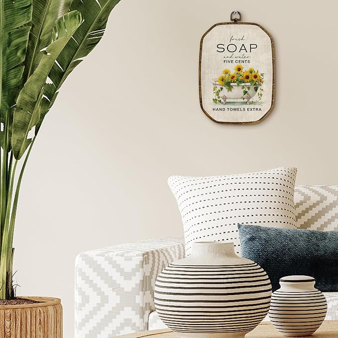 Yjeslw Vintage Sunflower Bathroom Octagon Wall Art Decor, Rustic Farmhouse Framed Canvas Prints, Cottagecore Neutral Flower Bathtub Wall Hanging Decorations for Bathroom Washroom Decor, 10.2x7 Inches