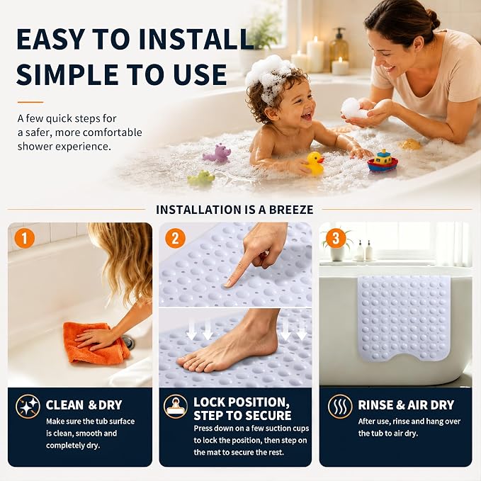 Yimobra 2-Pack Non Slip Bathtub Mat 40 x 16 Inch, Extra Long Shower Mat with Drain Holes, Machine Washable Baby Bath Mats, Strong Suction Cups for Bathroom Floor, White