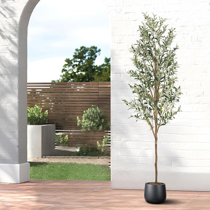 Artificial Fake Olive Tree 7FT 1Pack Faux Olive Tree for Home Decor | Faux Artificial Plants Indoor Fake Potted Plants with Natural Olive Branches and Realistic Leaves for Living Room Decor