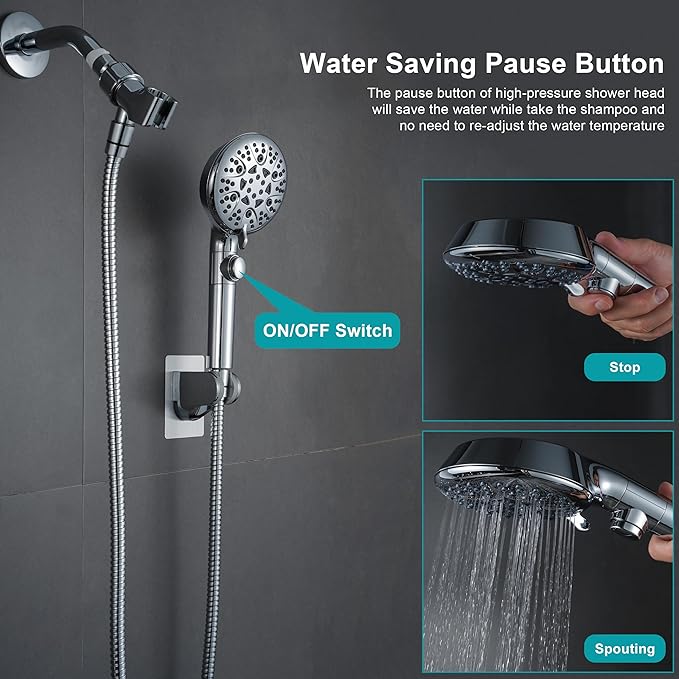 GwernKB Handheld Shower Head with On Off Switch 8-Mode High Pressure Showerhead with 79 Inches Extra-long Stainless Steel Hose and Bracket PLUS Extra Low-Reach Adhesive Wall Mount for Kids,Silver…