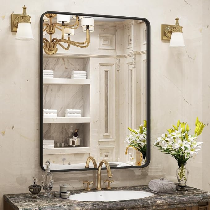 24x30 Inch Black Matte Framed Bathroom Mirror for Wall | Rounded Corner Rectangle Vanity Mirror, Tempered Glass, Anti-Rust, Shatterproof (Horizontal/Vertical)