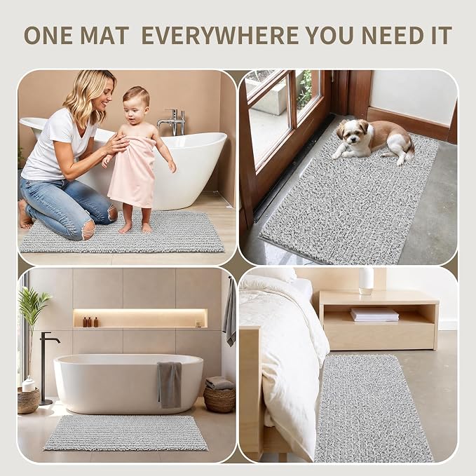 Bathroom Rugs Non Slip Washable, Extra Thick Soft Chenille Absorbent Bath Mat, High Density Barrier Non Slip Backing, Quick Dry Plush Shaggy Floor Carpet for Tub&Shower 24x17, Silver