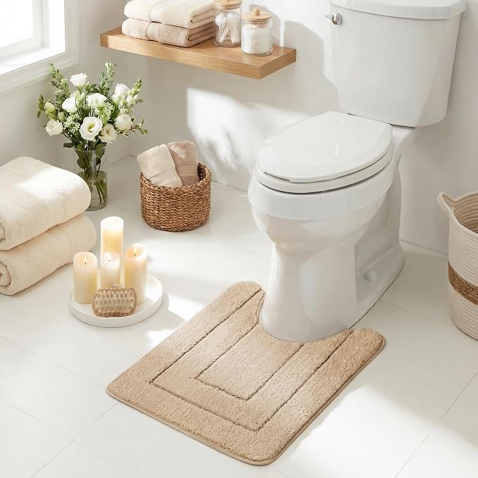 GRANNY SAYS Khaki U Shaped Toilet Rug 20" x 24", Non-Slip Bath Mat | Soft microfiber, TPR backing, absorbs water quickly, machine washable, fits around most standard toilet bases
