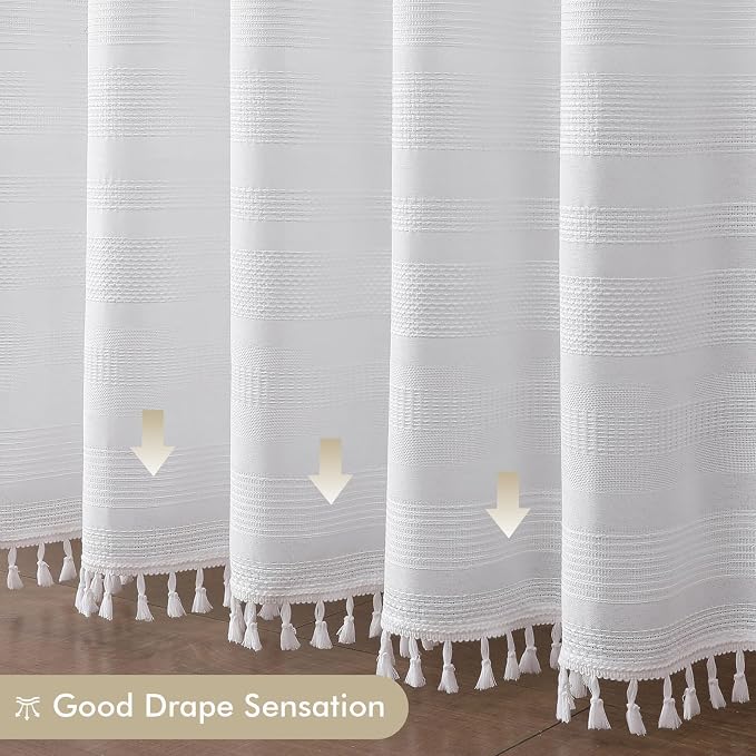 Extra Long White Boho Shower Curtain 84 Inch Long, Modern Farmhouse Heavy Duty Textured Soft Fabric, Rustic Country Cloth Shower Curtain with Tassel for Bathroom Hotel, 72Wx84L, White