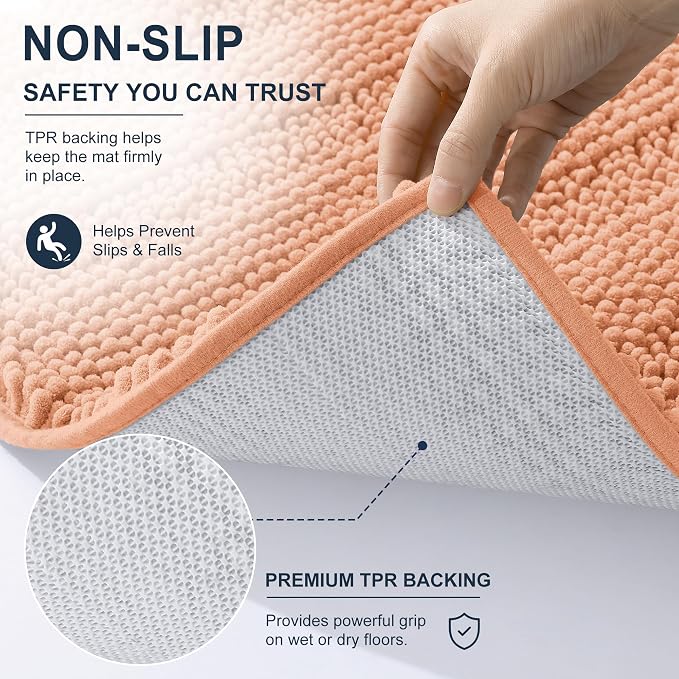 Smiry Thick Chenille Bathroom Runner Rugs 44x24, Absorbent Bath Mat, Peach | Quick‑Dry & Machine Washable, Non‑Slip Bath Carpet, Soft Striped Bath Rugs for Tub & Shower, Modern Home Decor Accessories