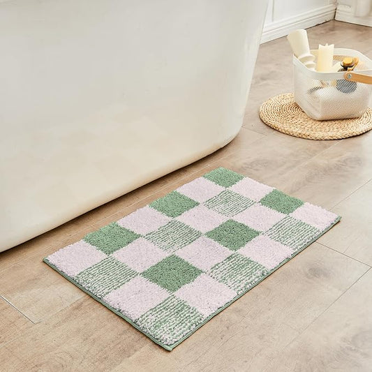 CozeCube Sage Green Checkered Bath Mat 32"x20" Non Slip Washable Rug | For Bathroom Non Slip, Fluffy Absorbent Microfiber Bath Mats Machine Wash, Stylish Cute Aesthetic Bathroom Rugs