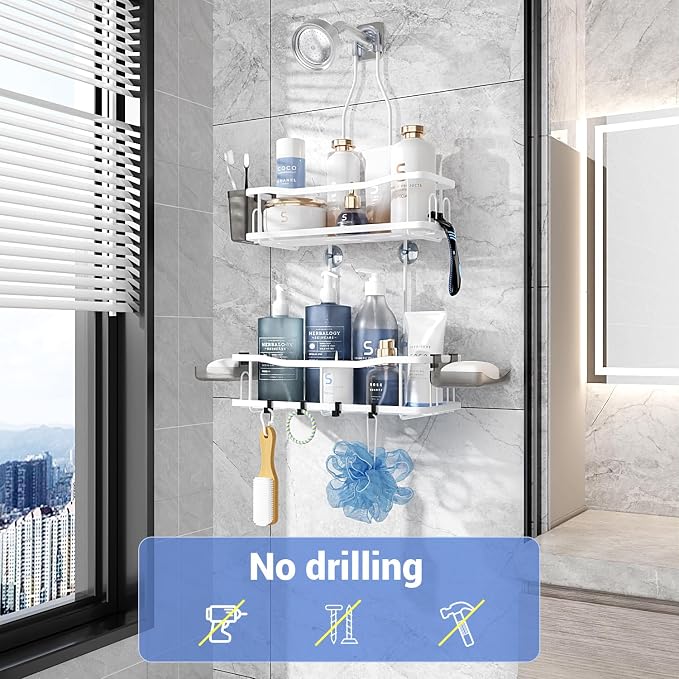 Hanging Shower Caddy Over Shower Head - No Drill Rustproof Shower Rack | Includes Soap Holder and Hooks for Shampoo, Conditioner, and Bathroom Essentials with Stable Storage in Any Shower Space