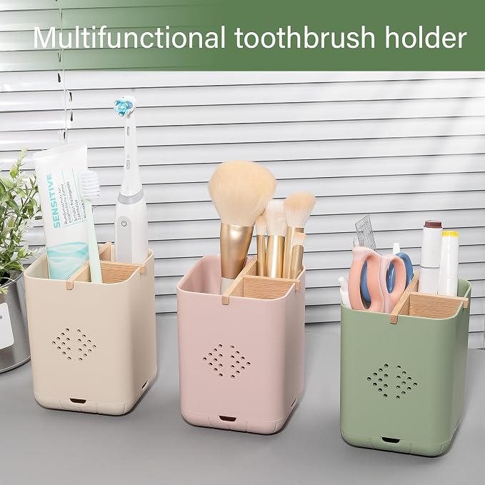 Toothbrush Holders for Bathrooms, Electric Toothbrush Holder, Green | Toothbrush and Toothpaste Organizer for Bathroom Countertop, 3 Slot Vanity Storage