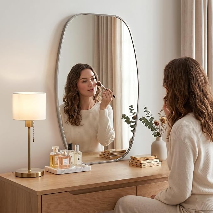 Brushed Nickel Capsule Bathroom Mirror, 24x36 Inch | Aluminum alloy frame, pill-shaped design, tempered glass, two-way mount for dresser and console