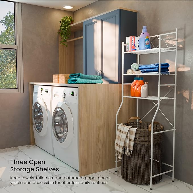 Home Zone Living Over-the-Toilet Bathroom Storage Cabinet Organizer | Freestanding Steel Frame Design with 3-Tier Shelves, Wide Stabilizing Base and Adjustable Feet, White