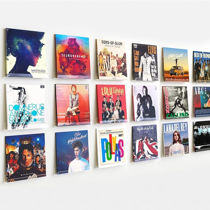 upsimples 18 Pcs 12" Vinyl Record Wall Mount Shelves, Clear Acrylic Display | Display Full Album Covers, Keep Records Secure, Floating Design, Easy to Install, for Book, Photo & More, Modern Wall Decor