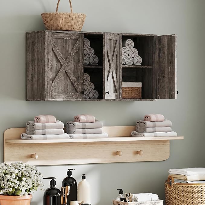 YOURLITE Laundry Cabinet, Medicine Cabinet, Bathroom Kitchen Storage Wall Mounted Farmhouse Organizer with Shelves Over Toilet, 36" Wide, Grey