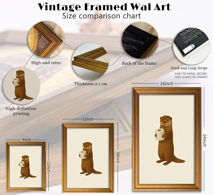 Vintage Gold Frame Funny Otter Bathroom Canvas Wall Art Toilet Paper Animal Pictures Wall Decor Kids Bathroom Poster Cute Animal Beige and Brown Painting Print Artwork for Restroom Toilet Decor