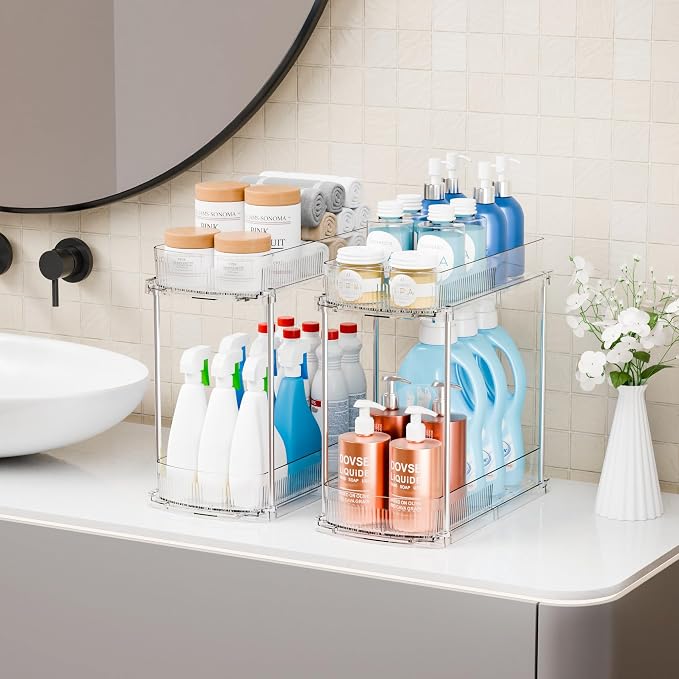 2 Pack 13.8″ Deep 2 Tier Under Sink Storage Organizer,Large Pull Out Bathroom Organizers and Storage,Slide Out Acrylic Undersink Storage Shelf,Kitchen Under Sink Organizer for Cleaning Products