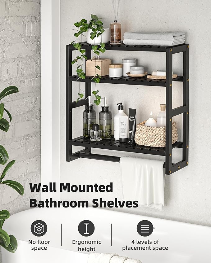 Galood Over The Toilet Storage Bathroom Shelves Wall Mounted 3 Tier Black-L | Space Saver Corner Shelf Organizer Bamboo Towel Rack Toilet Paper Cabinet with Hanging Rod