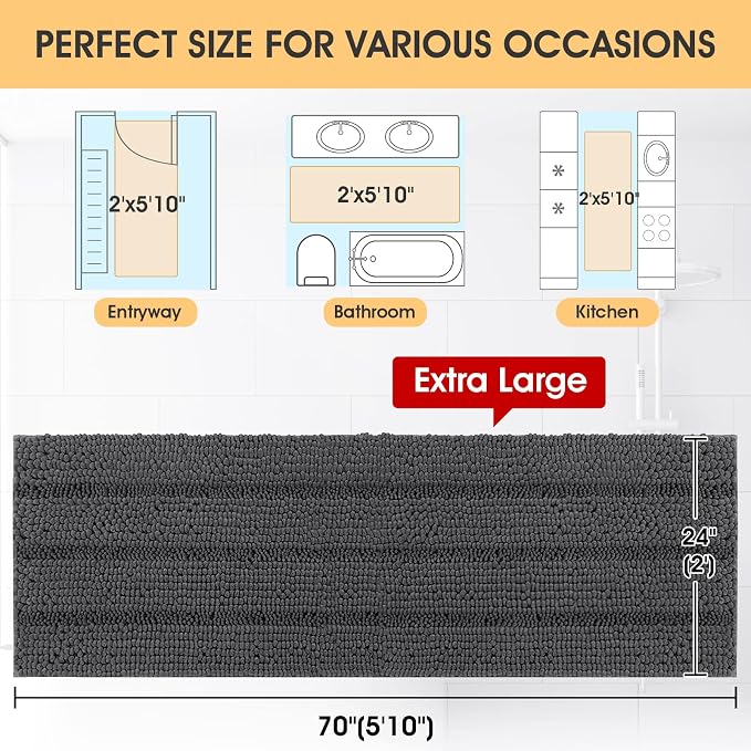Extra Long Striped Grey Bathroom Rug Mat 70"x24" Ultra Soft, Non Slip Chenille Bath Rugs, Absorbent Plush Shaggy Bath Mats for Bathroom, Bedroom, Kitchen, Shower, Tub,Dark Gray, Charcoal
