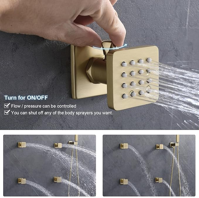 ENGA Shower System with Body Jets, 2 In 1 Functions Ceiling Mount 14x20inch LED Shower Head with 4 Body Jets, Rainfall Waterfall Shower Faucet Set, Brushed Gold