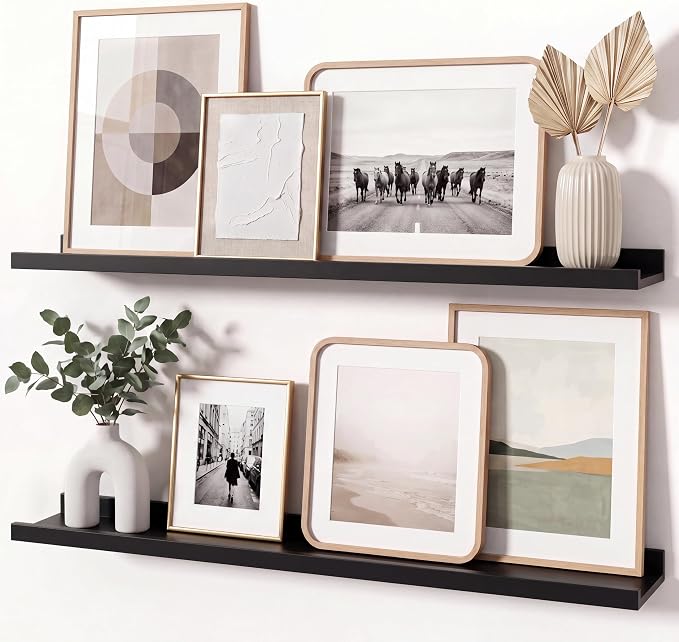 Black Picture Ledge Shelves for Wall, 4.5" Deep Wood Floating Shelves with Lip for Bedroom, Living Room, 30" Width, Color Black Set of 2