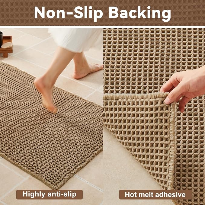 Triohero Waffle Bath Mat, Boho Bathroom Rugs Non Slip Washable, Ultra Soft Super Absorbent Quick Dry Farmhouse Bathroom Decor, 20" x 30", Khaki
