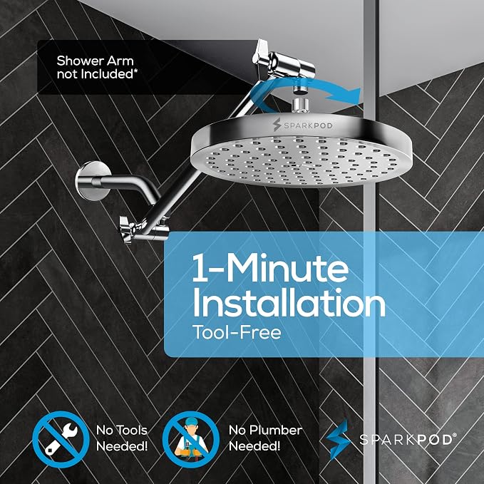 SparkPod Rain Shower Head, 8 Inch Round, Luxury Polished Chrome Finish | High Pressure Shower Heads, 90 Nozzles, Adjustable Showerhead, No Tools Needed, Universal Connection