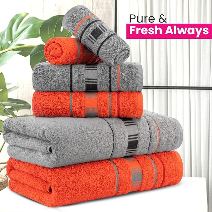 CASA COPENHAGEN 6pcs Bathroom Towel Gift Set, 600GSM, Grey Red | X Line 100% Egyptian cotton,2 Bath Towel, 2 Hand Towel, 2 Washcloths Towel.(Gift Set for Women & Men)