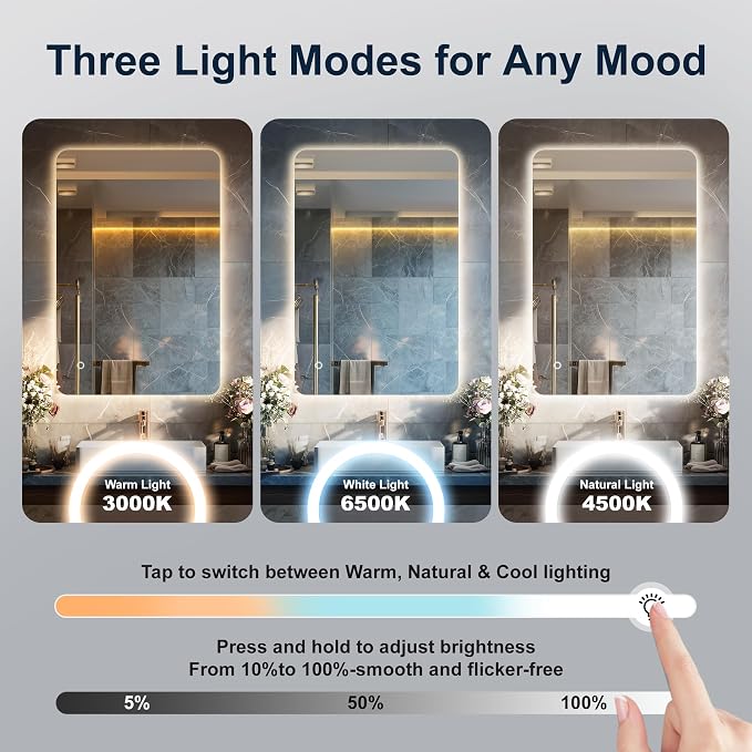 40''X30'' Lighted Mirrors for Bathroom Wall Backlit Rectangular Rounded Corners, LED Bathroom Mirror Frameless with Lights, Dimmable, 3 Colors,Tempered Glass, Shatter-Proof