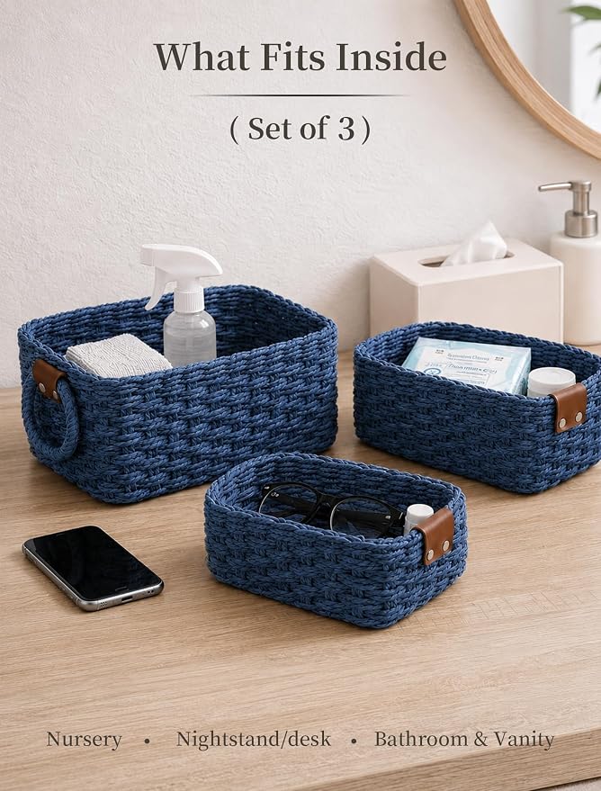 Small Wicker Baskets, 3 PCS Paper Rope Baskets for Shelves, Blue | Recycled Small Baskets, 3 Sizes Woven Baskets for Organizing, Decorative Storage Baskets for Bedroom and Bathroom