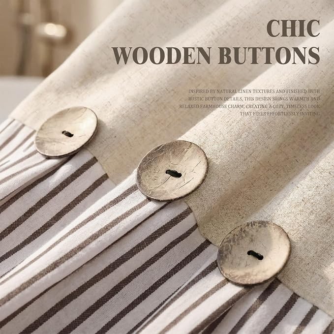 Farmhouse Shower Curtain Linen Beige Button Brown Stripe 72"W x 84"L | Farmhouse Style, Chic Button, Striped, Linen Fabric, Rustic, Country, Natural Look, Washable, for Bathroom Bathtub