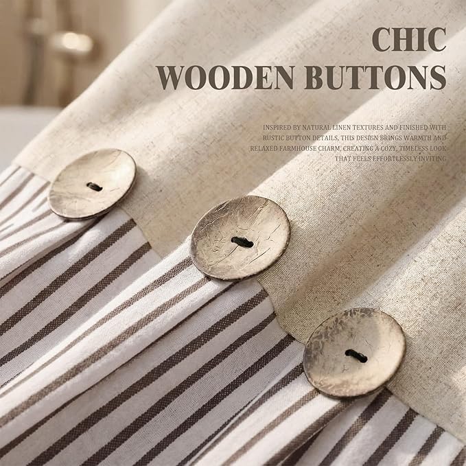 Farmhouse Shower Curtain Linen Beige Button Brown Stripe 54"W x 72"L | Farmhouse Style, Chic Button, Striped, Linen Fabric, Rustic, Country, Natural Look, Washable, for Bathroom Bathtub