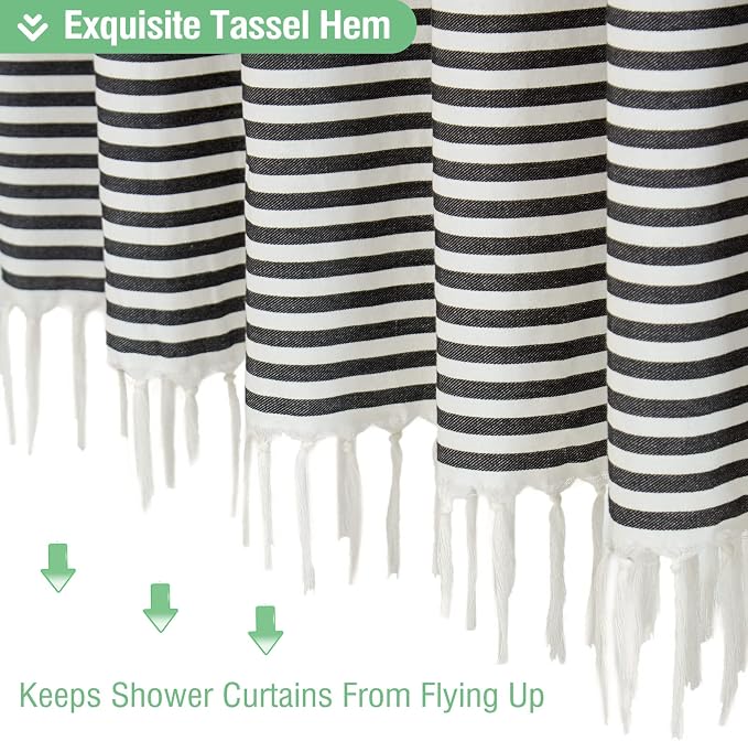 Modern Farmhouse Fabric Shower Curtain Boho Black and White Striped Cloth Bathroom Shower Curtain with Tassels, Hotel Luxury Decorative Shower Curtain Set with 12 Hooks - 72x72
