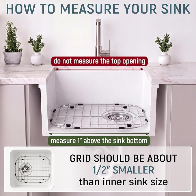 Granatan Kitchen Sink Grid 11.26 x 14.5 Inch, Rear-Center Drain | Stainless Steel Protector Rack with Vinyl Feet for Flat Base Basins